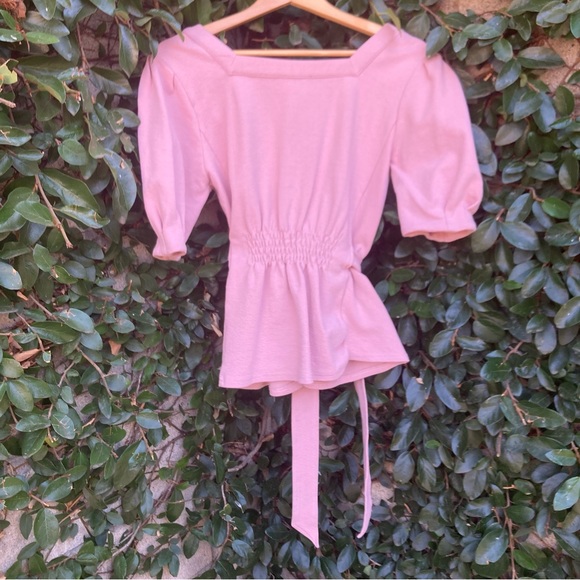 Current Air Anthropologie Blush Pink Belted Tie Waist Puff Sleeve Blouse Top - Picture 6 of 8